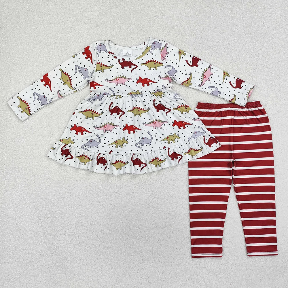 Baby Girls Dinosaur Long Sleeve Tunic Top with Striped Leggings Outfit
