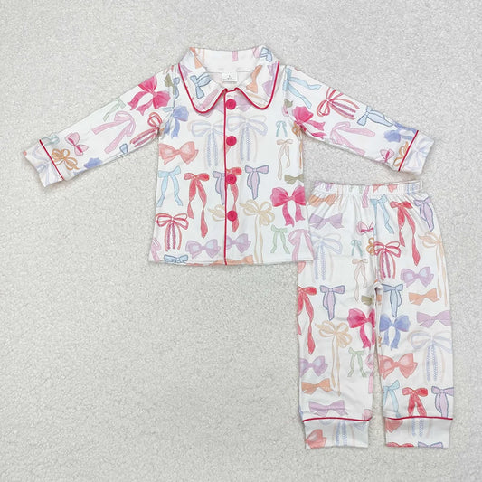 Mommy and Me Pink Blue Bow Buttons Top Pants Pajama Set
