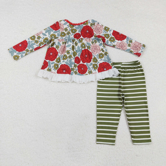 GLP2099 Flowers Ruffles Tunic Top Stripes Pants Girls Christmas Clothes Set