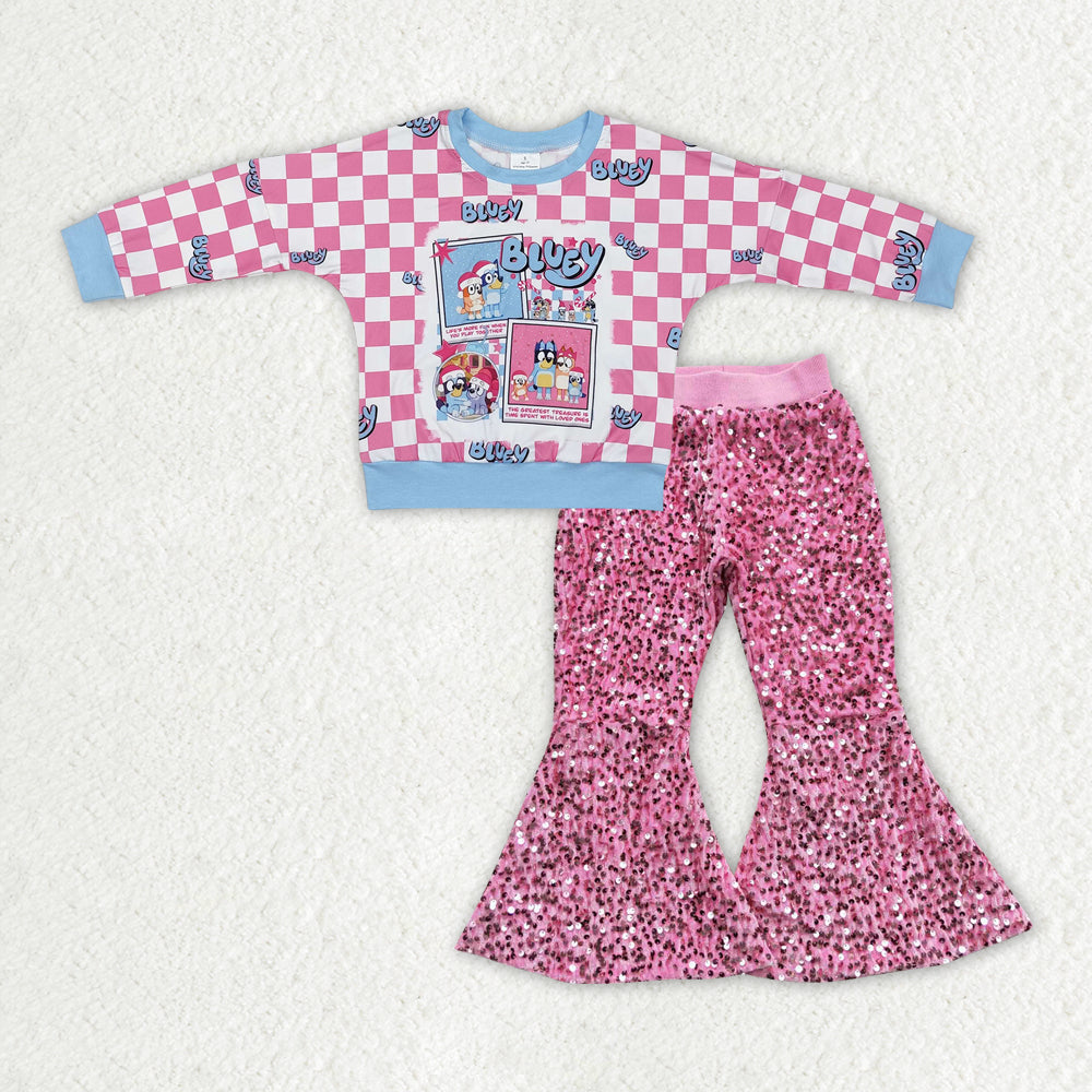 GLP2140 Cartoon Dog Checkered Top Pink Sequin Bell Pants Girls Christmas Clothes Set