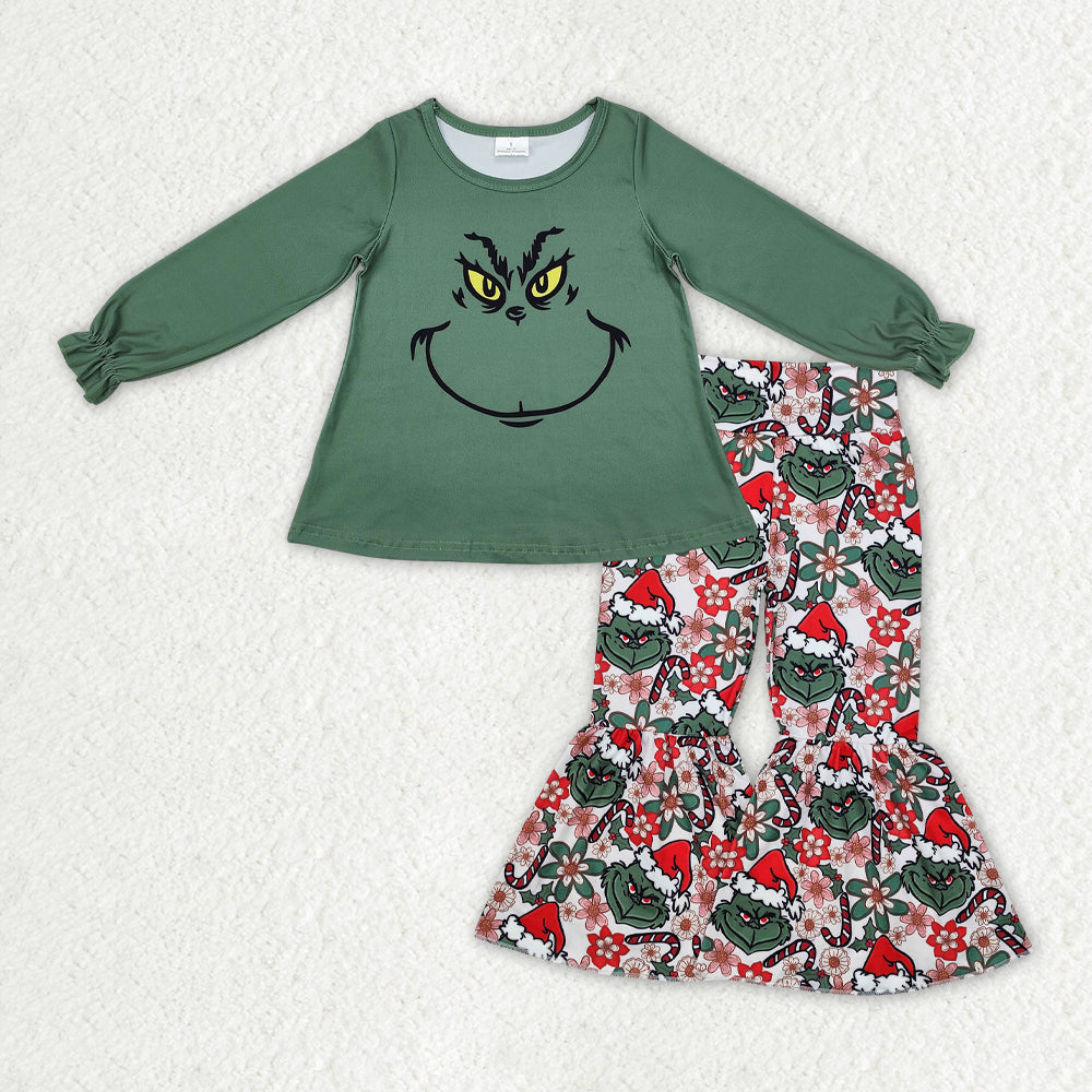 GLP2208 Green Frog Smiling Top Candy Cane Flowers Bell Pants Girls Christmas Clothes Set