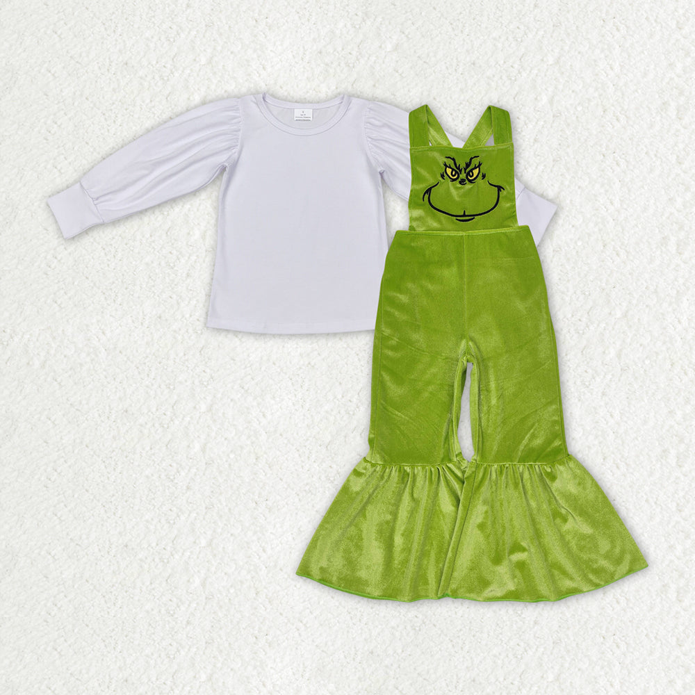 GLP2277 White Top Green Frog Smiling Embroidery Velvet Overall Jumpsuits Girls Christmas Clothes Set