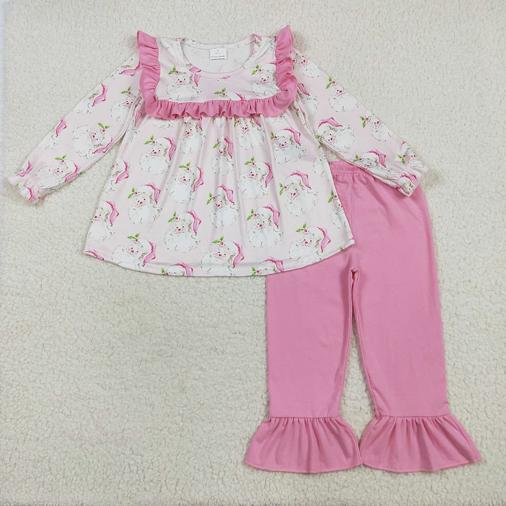 GLP2345 Santa Holly Tunic Top Pink Pants Girls Christmas Clothes Set