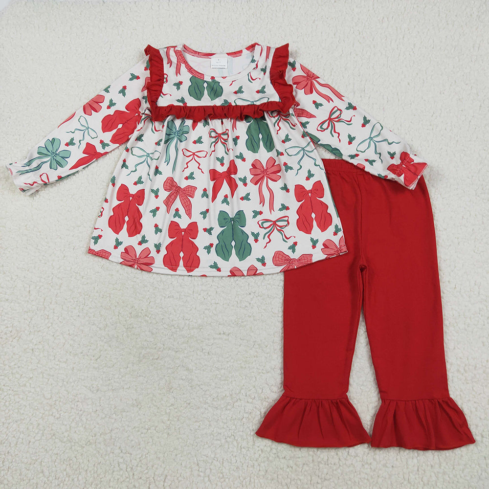 GLP2346 Green Red Bows Holly Tunic Top Pants Girls Christmas Clothes Set
