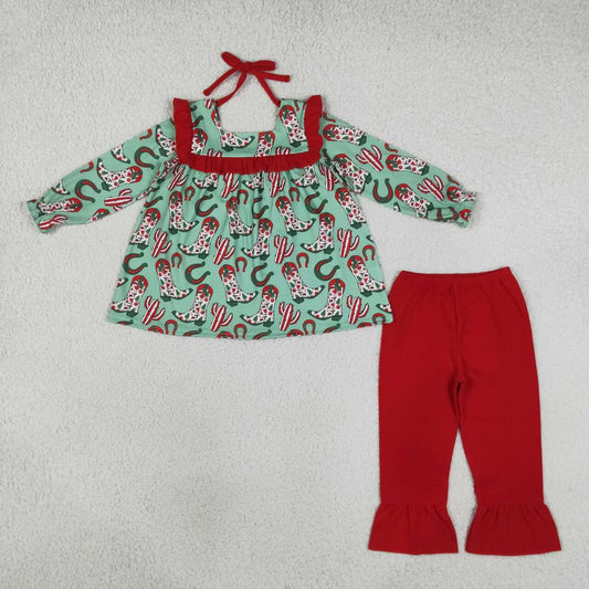GLP2355 Small Flowers Boots Tunic Top Red Ruffle Pants Girls Christmas Clothes Set