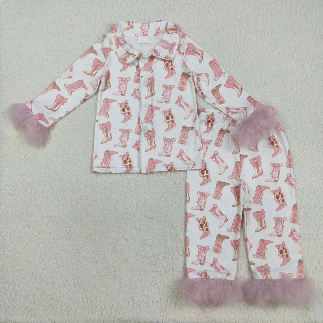 Sibling Girls Bow Boots Heart Print Buttons Top Pants Pajama Set with Fur