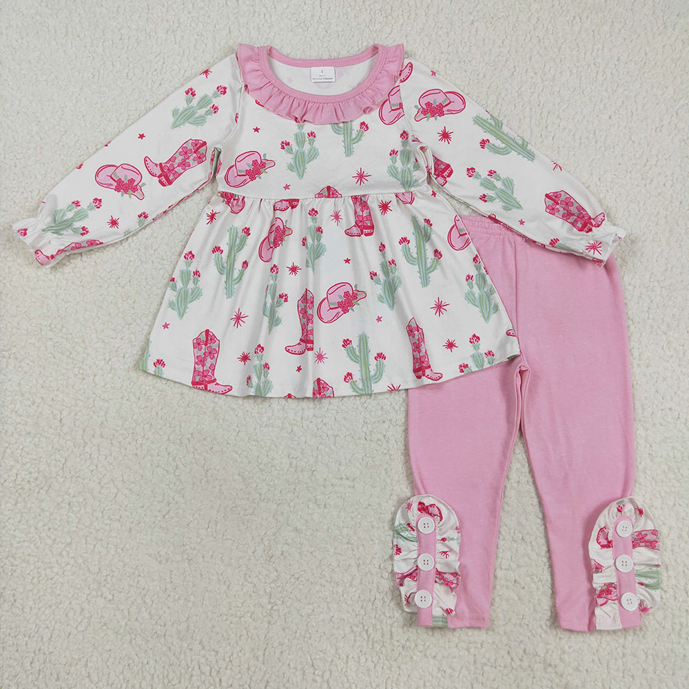 GLP2367 Boots Hat Cactus Tunic Top Pink Pants Girls Christmas Clothes Set