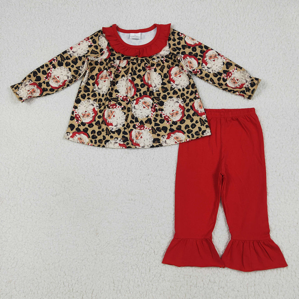 GLP2369 Santa Leopard Tunic Top Red Pants Girls Christmas Clothes Set