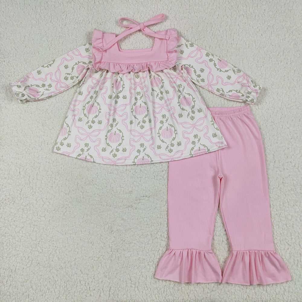 GLP2397 Pumpkin Bows Tunic Top Pink Pants Girls Fall Clothes Set