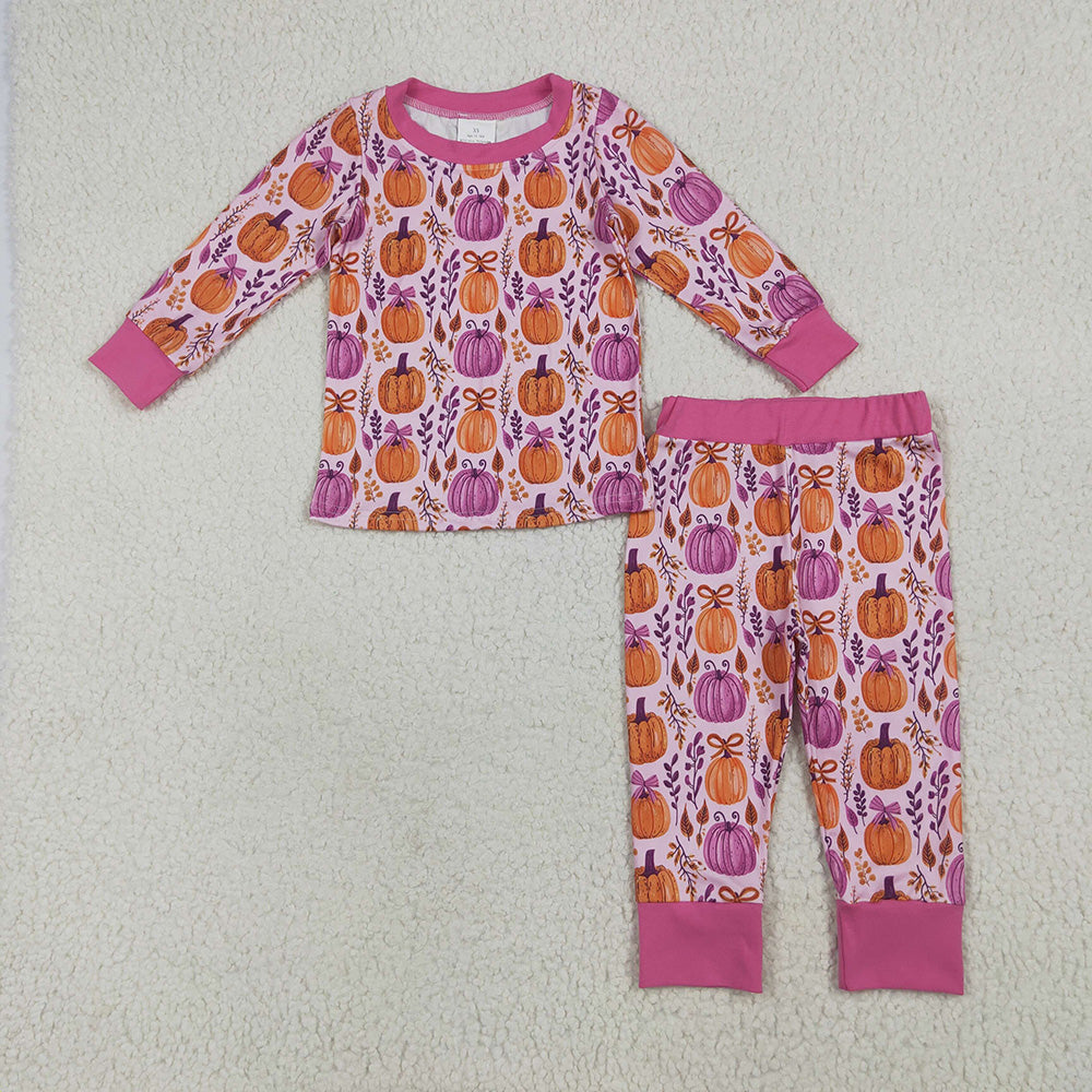 GLP2415 Pumpkin Bows Print Girls Fall Pajamas Clothes Set