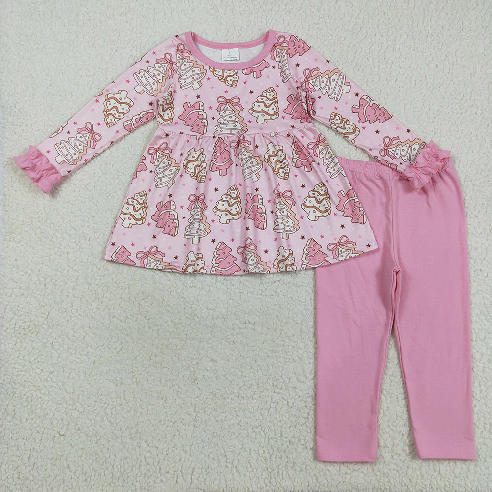 GLP2471 Debbie Cake Bows Tunic Top Pink Pants Girls Christmas Clothes Set