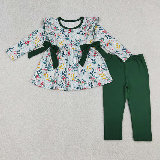 GLP2476 Flowers Tunic Top Green Pants Girls Christmas Clothes Set