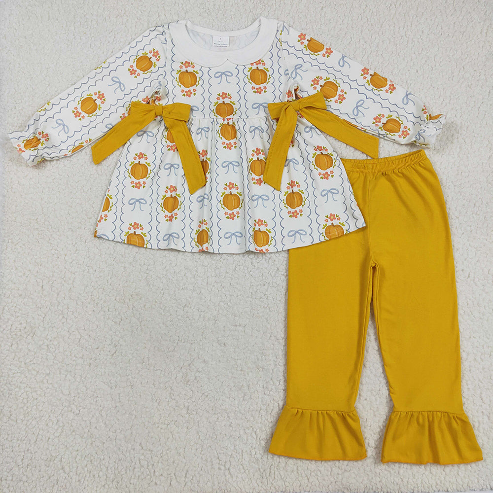 GLP2554 Pumpkin Flowers Bows Tunic Top Mustard Pants Girls Fall Clothes Set