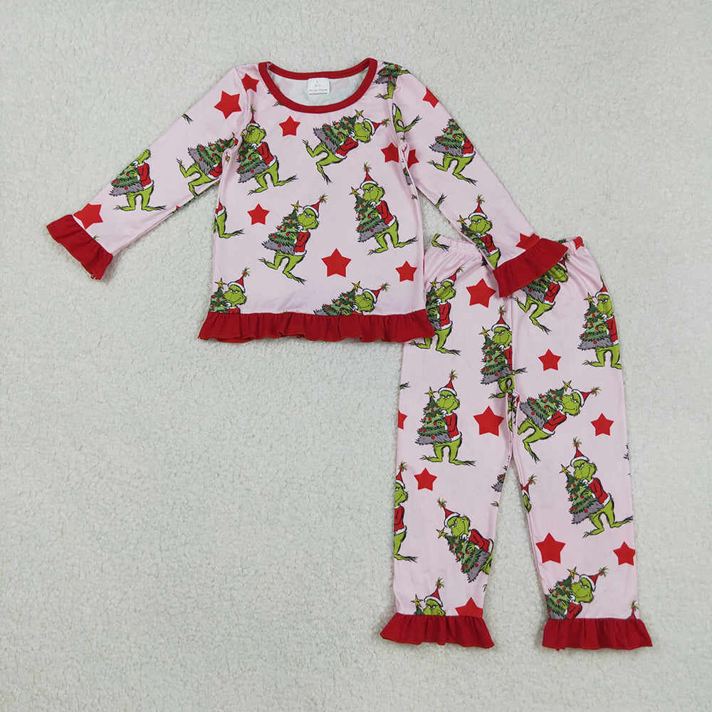 GLP2646 Green Frog Tree Stars Print Girls Christmas Pajamas Clothes Set