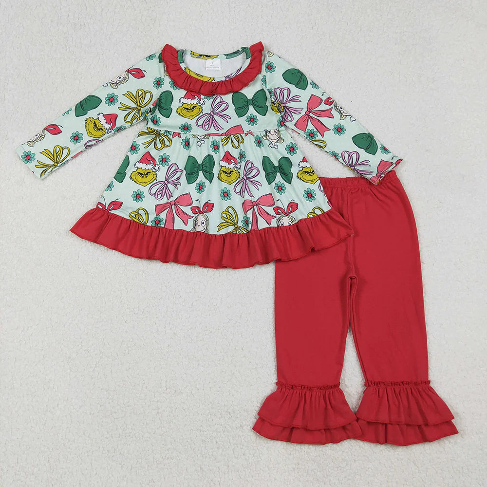 Baby Girls Christmas Bows Plaid Green Faces Tunic Ruffle Pants Sets