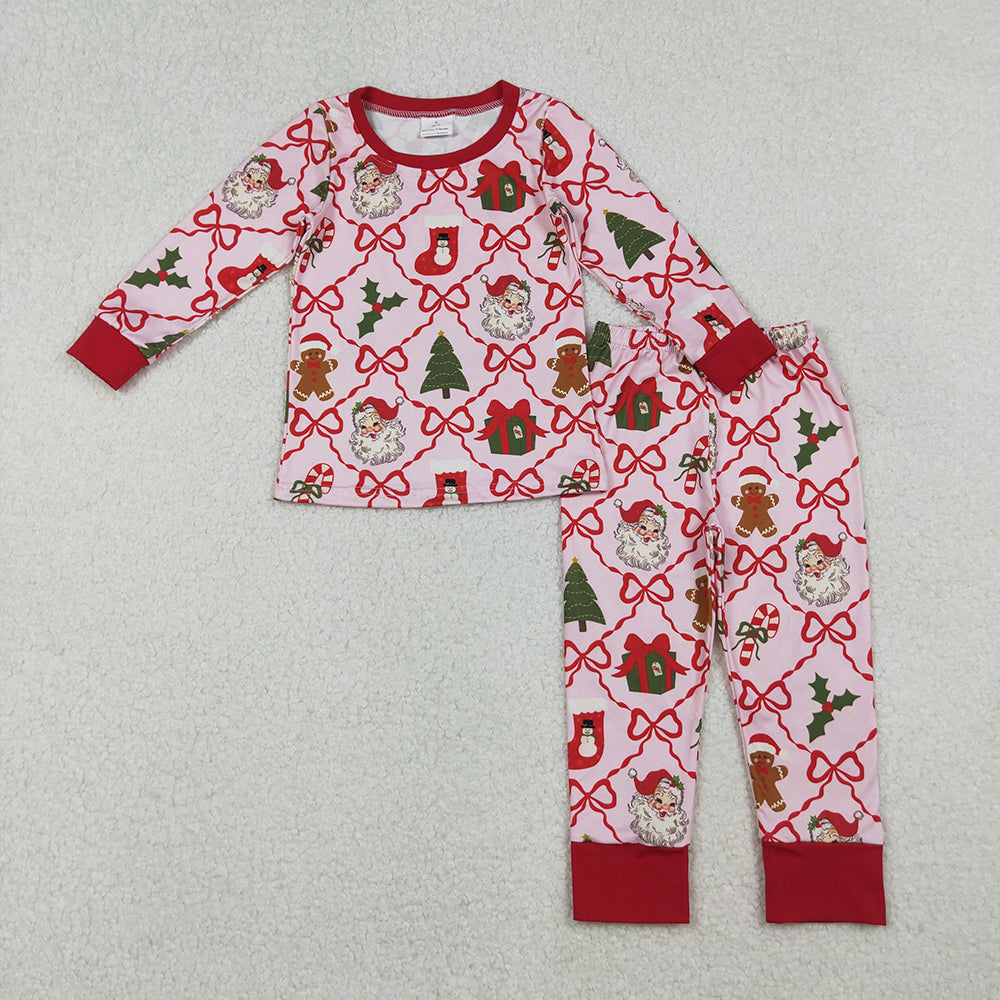 GLP2807 Gingerbread Santa Holly Bows Print Girls Christmas Pajamas Clothes Set
