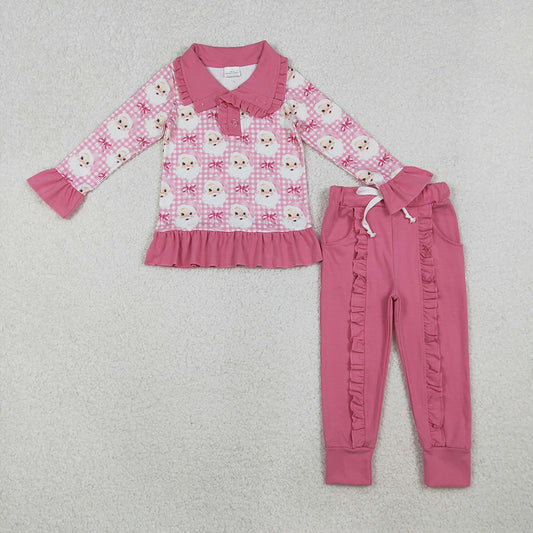 GLP2881 Santa Checkered Buttons Pullover Top Pink Ruffle Pants Girls Christmas Clothes Set