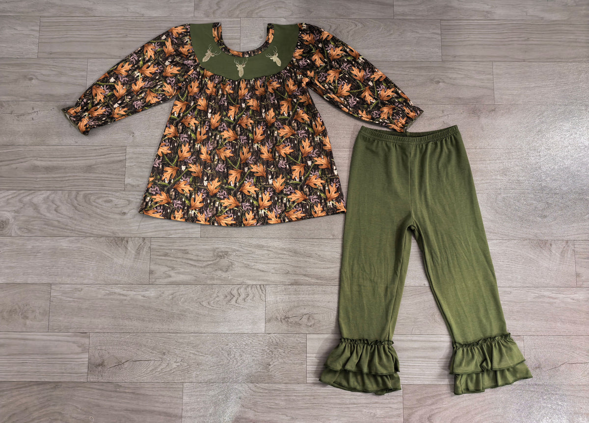 7.23 Preorder Girls Fall Maple Leaf Deer Tunic Top with Ruffle Pants Outfit