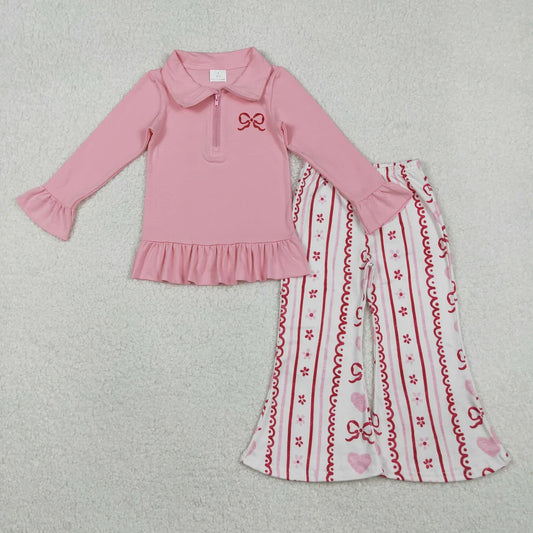 Sibling Baby Girls Embroidery Heart Bow Zip PUllover Flate Pants Valentines Outfit