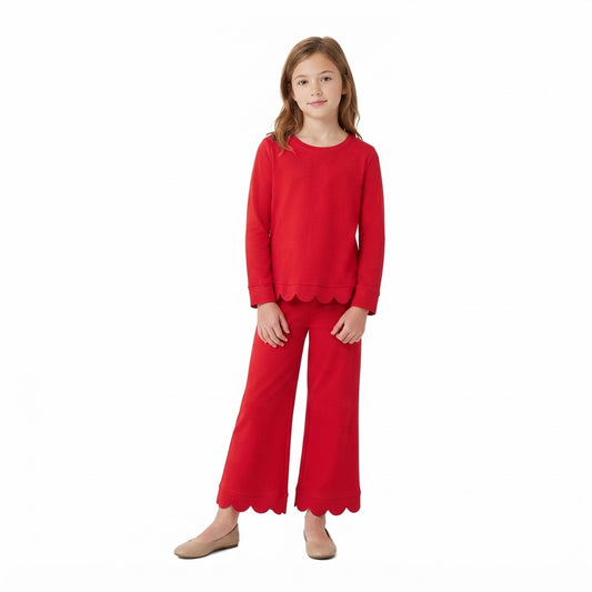 GLP2964 Red Cotton Scallop Edge Long Sleeve Pants Girls Fall Clothes Set
