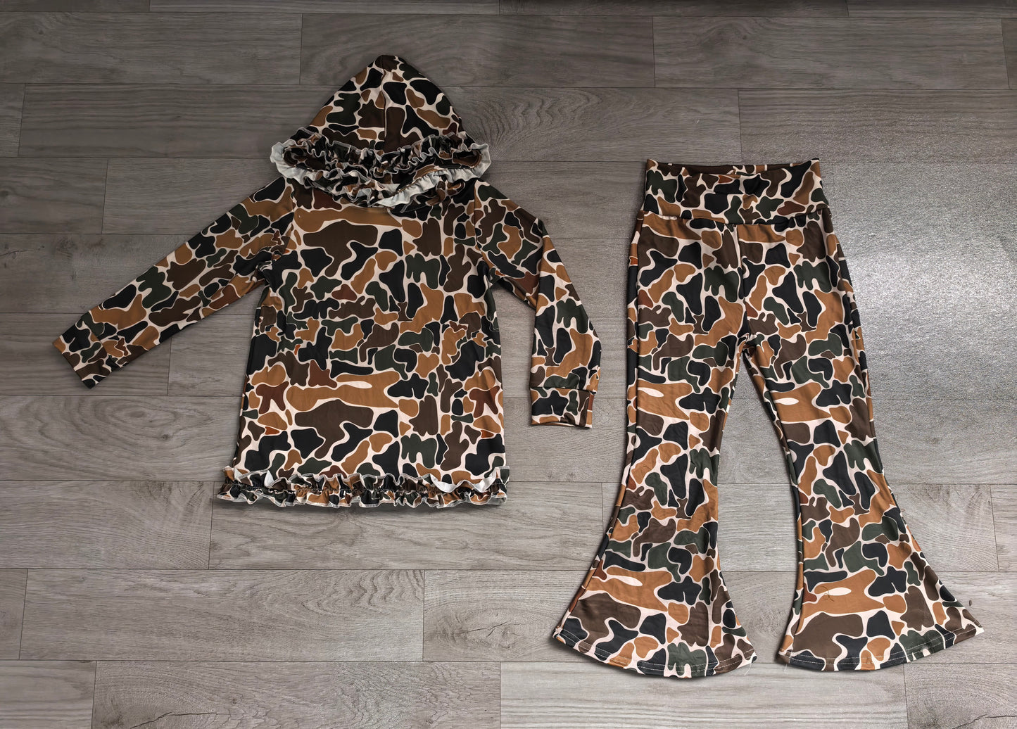 GLP3078 Preorder Brown Camo Ruffle Hoodie Top Bell Pants Girls Clothes Set