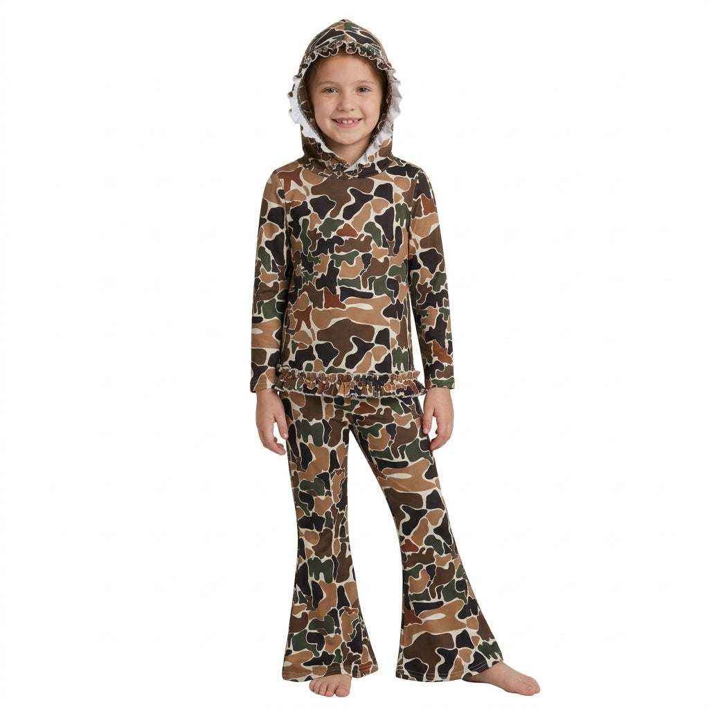 GLP3078 Brown Camo Ruffle Hoodie Top Bell Pants Girls Clothes Set