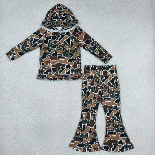 Sibling Kids Girls Hunting Camo Ruffle Hoodie Top with Bell Bottom Pants Outfit