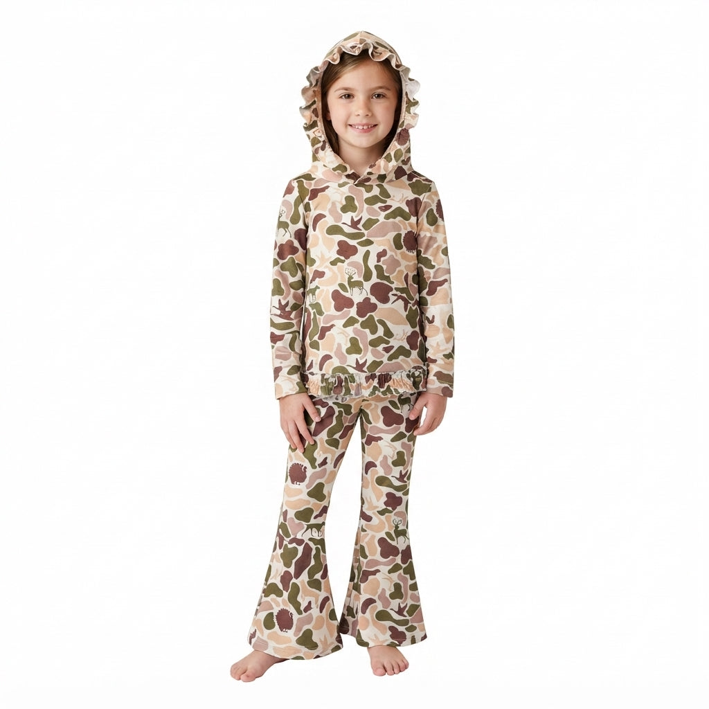 GLP3079 Khaki Brown Camo Ruffle Hoodie Top Bell Pants Girls Clothes Set
