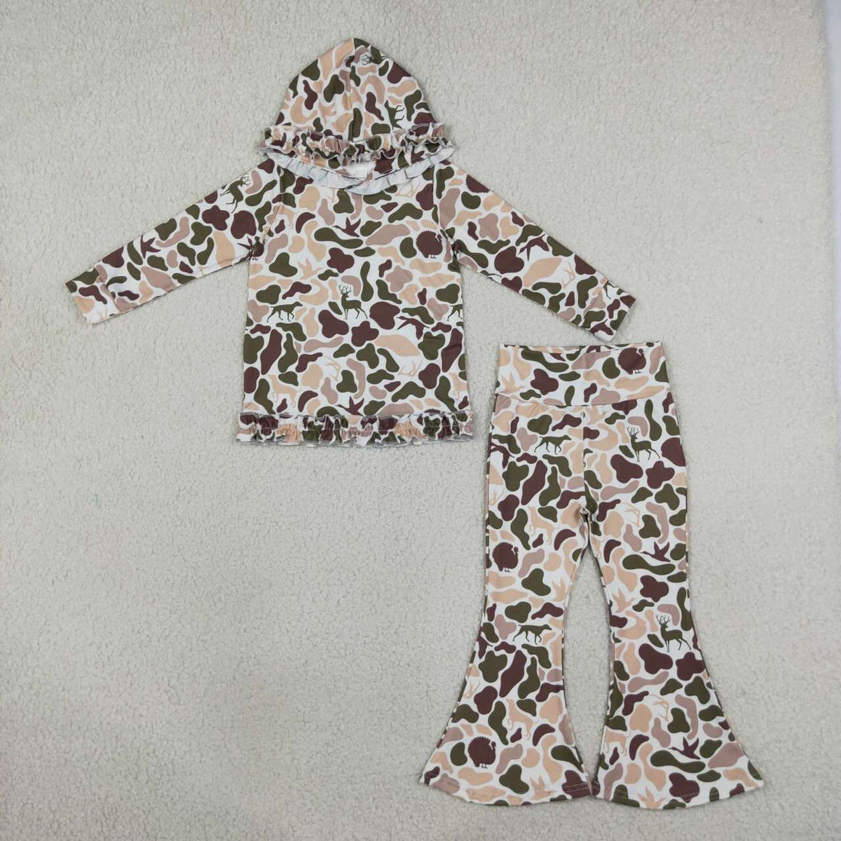 Sibling Kids Girls Hunting Camo Ruffle Hoodie Top with Bell Bottom Pants Outfit