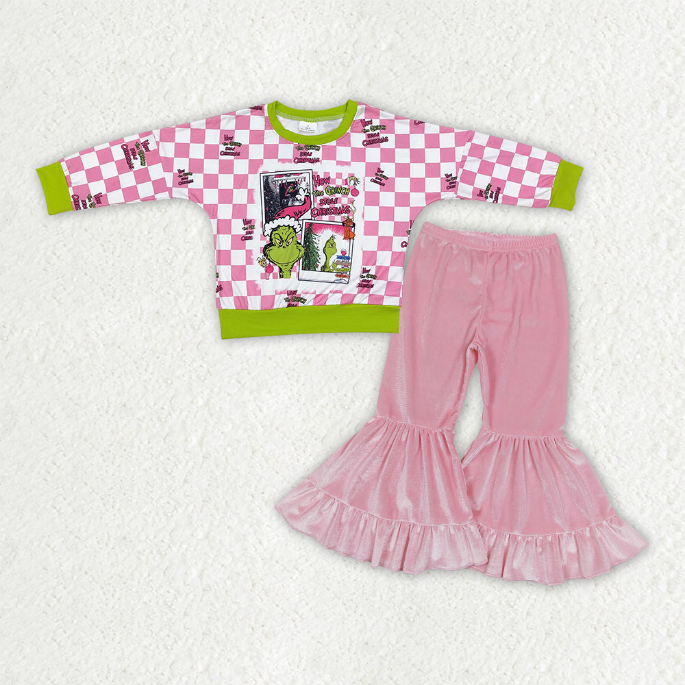 GLP3185 Green Frog Smiling Checkered Top Pink Velvet Bell Pants Girls Christmas Clothes Set