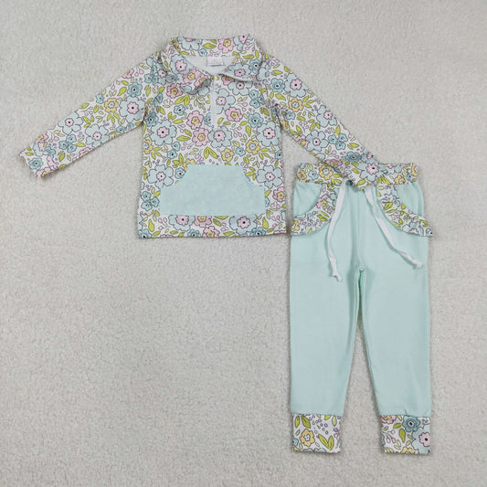 Sibling Baby Girls Colorful Floral Pocket Zip Pullovers Jogger Pants Clothes Sets