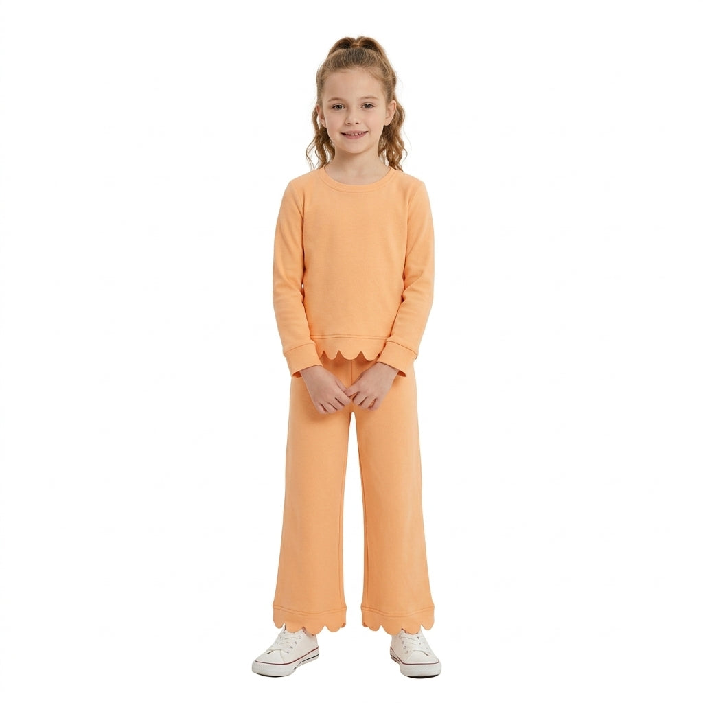 GLP3295 Orange Cotton Scallop Edge Long Sleeve Pants Girls Fall Clothes Set