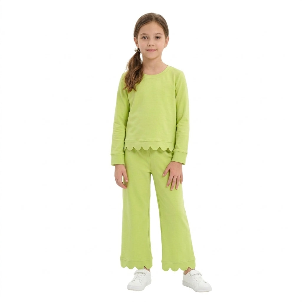 GLP3296 Green Cotton Scallop Edge Long Sleeve Pants Girls Fall Clothes Set