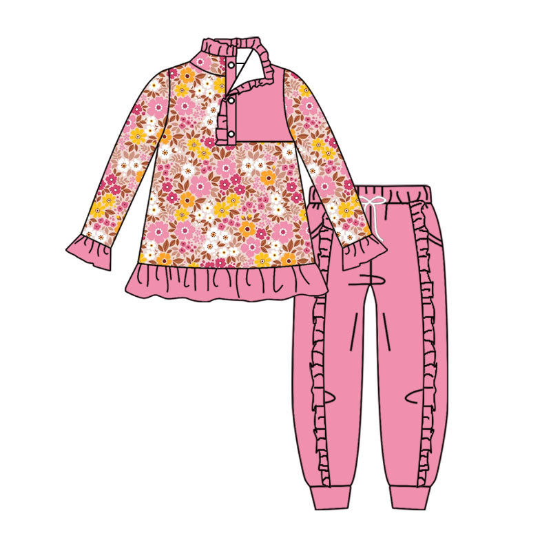 4.16 Girls Floral Print Outfit - Pink Long Sleeve Top & Ruffle Jogger Pants Set Preorder