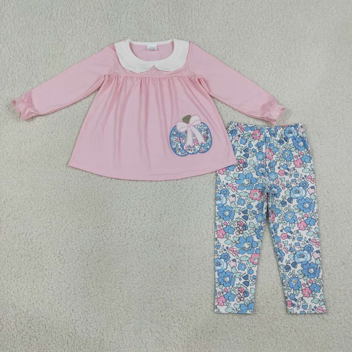 Embroidery Pumpkin Tunic Top Flowers Pants Girls Fall Clothes Set