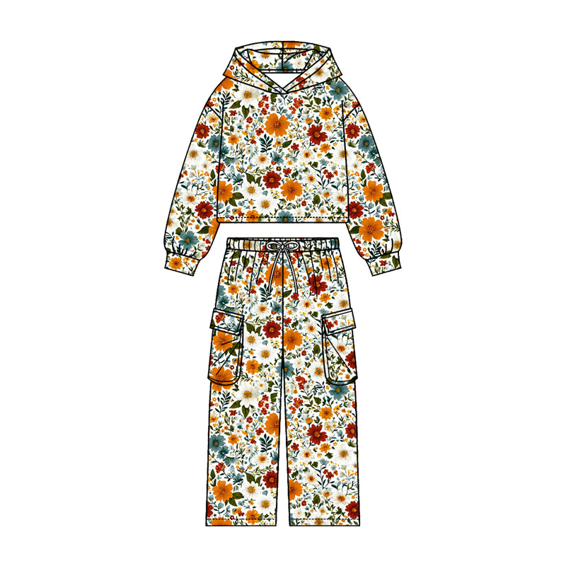 GLP3321 Colorful Flowers Hoodie Top Pockets Pants Girls Fall Clothes Set