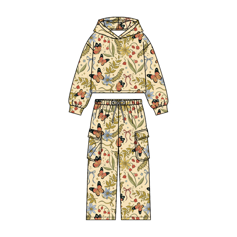 4.20 Girls Butterfly Print Hoodie Set - Beige Hoodie & Cargo Pants Outfit Preorder