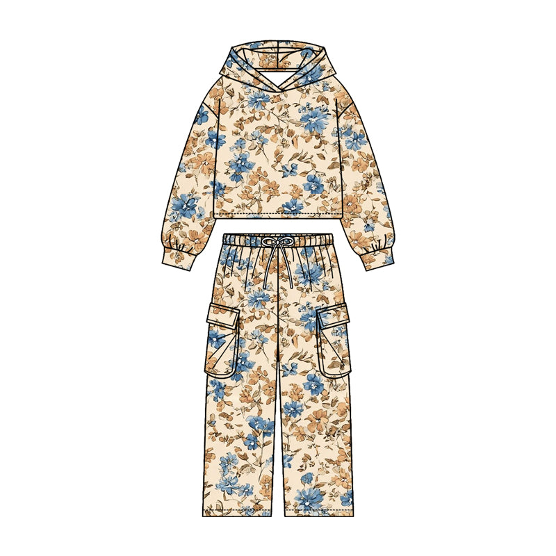 4.20 Girls Blue Beige Floral Hoodie Set - Hoodie & Cargo Pants Outfit Preorder