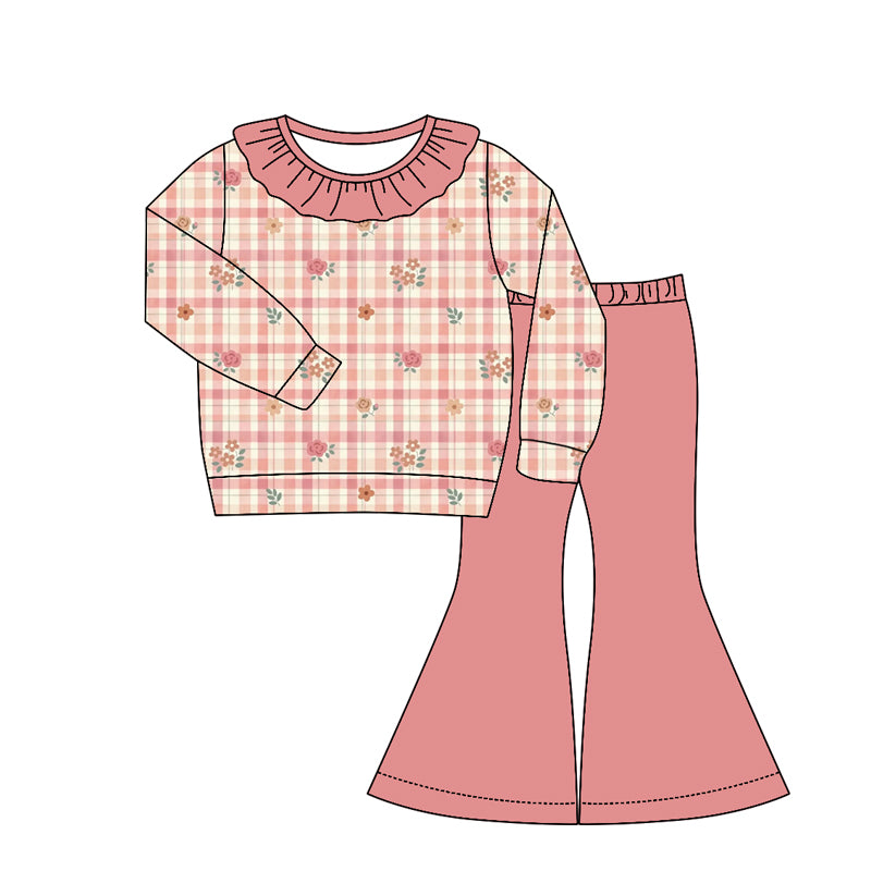 4.22 GLP3328 Preorder Flowers Plaid Top Pink Bell Pants Girls Clothes Set