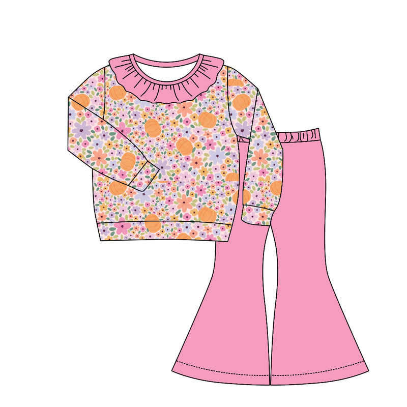 4.22 GLP3329 Preorder Colorful Flowers Pumpkin Top Pink Bell Pants Girls Fall Clothes Set