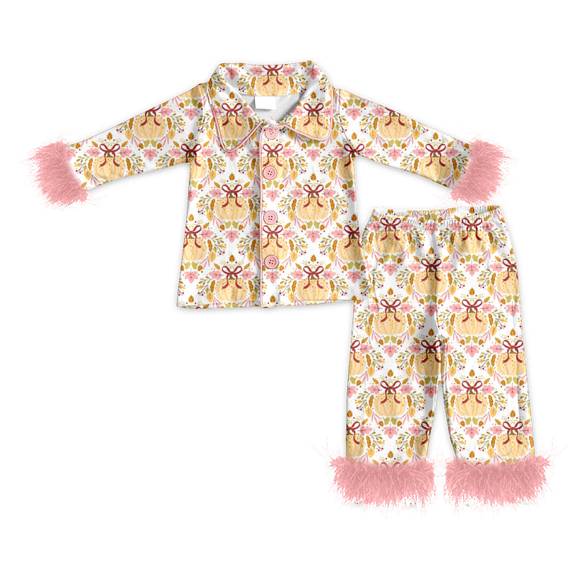 4.23 Kids Girls Fall Pumpkin Flowers Pajama Set with Feather Preorder
