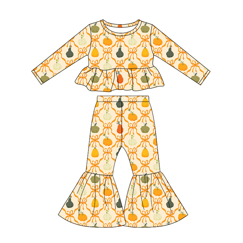 4.25 GLP3340 Toddler Girls Pumpkin Bows Outfits Long Sleeve Top +Bell Bottom Pants Set Preorder