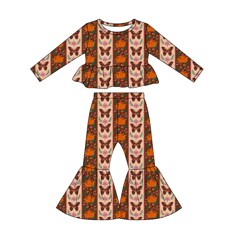 4.25 GLP3344 Toddler Girls Pumpkin Butterfly Outfits Long Sleeve Top +Bell Bottom Pants Set Preorder