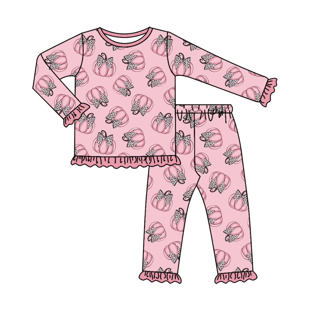 4.28 GLP3346 Pumpkin Bows Leopard Baby Girls Fall Pajamas Clothes Set Preorder