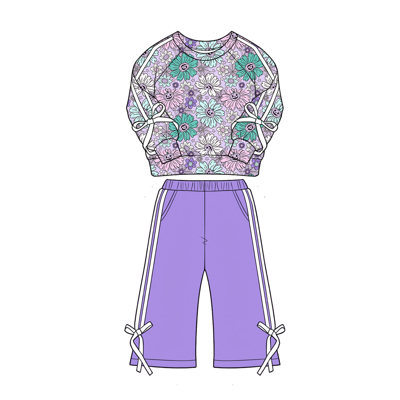 4.28 Girls Purple Daisy Flower Outfit - Fall Floral Print Sweatshirt & Purple Pants Preorder