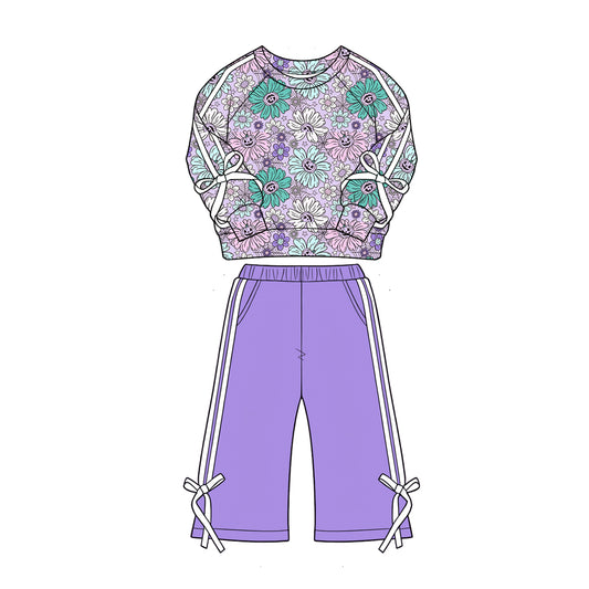 4.28 Girls Purple Daisy Flower Outfit - Fall Floral Print Sweatshirt & Purple Pants Preorder