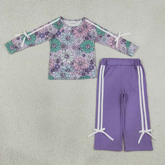 GLP3353 Pumpkin Smiling Flowers Top Purple Straight Pockets Pants Girls Halloween Clothes Set