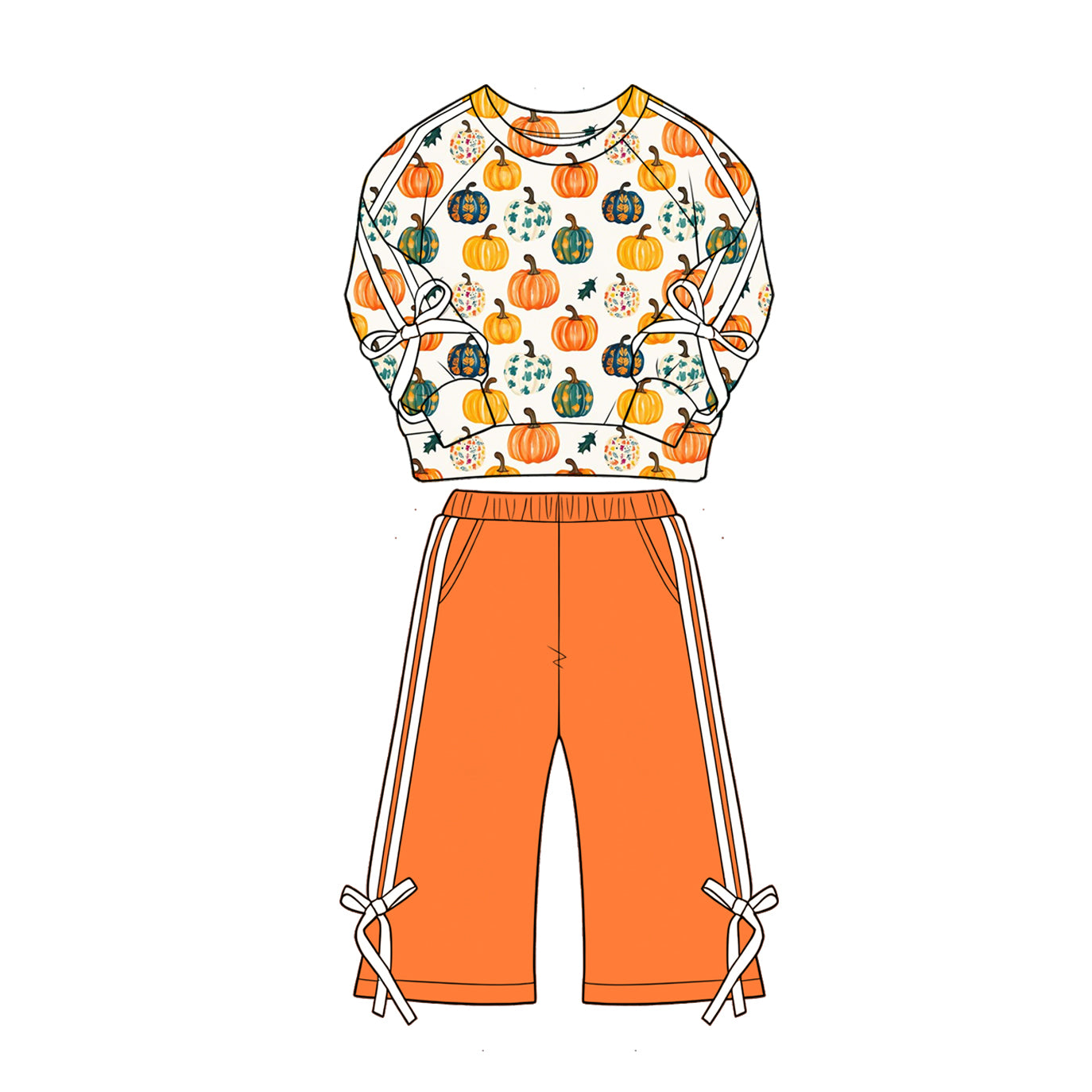 4.28 Girls Watercolo Pumpkin Outfit Multicolor Fall Prin Sweatshirt & Orange Pants Preorder