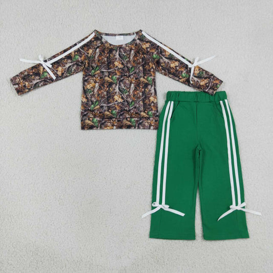 GLP3358 Branch Raglan Sleeve Top Green Straight Pockets Pants Girls Clothes Set