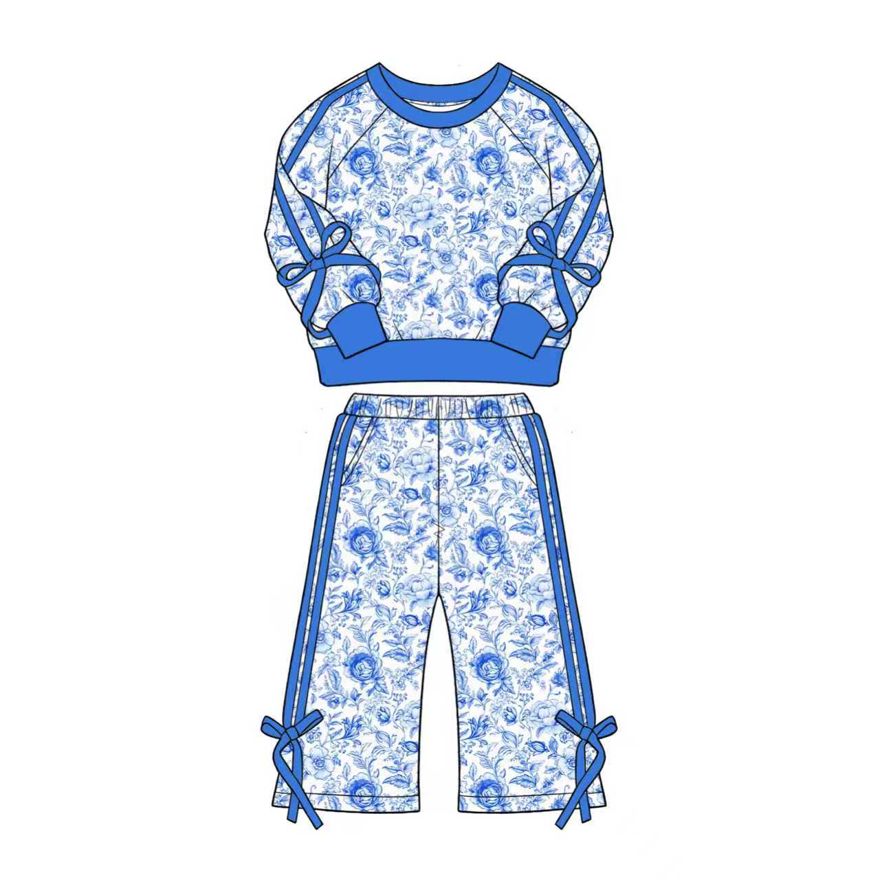 5.1 Girls Floral Print Bow Detail Outfit - Long Sleeve Sweatshirt & Wide Leg Pants Set Preorder